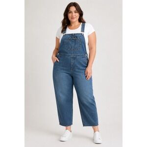 GAP Denim Cropped Slouch Bib Overalls Womens L Medium Wash 100% Cotton 26 Inseam